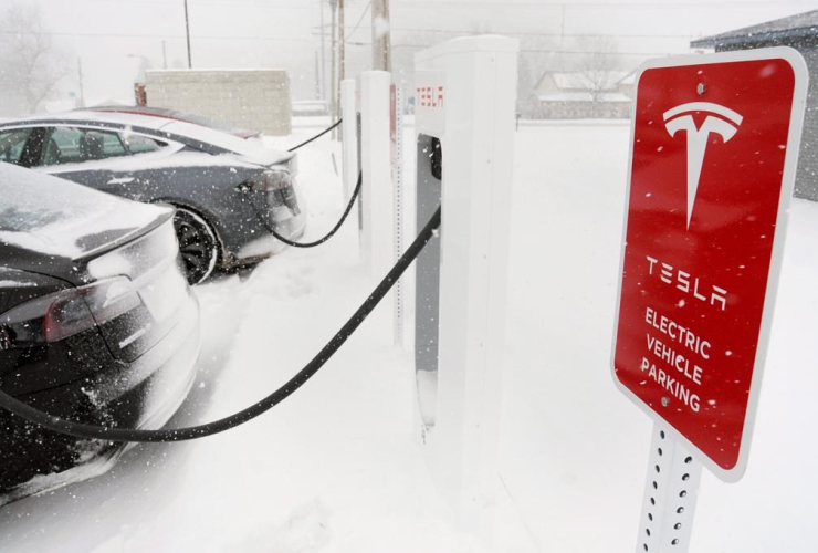 Tesla Model S electric sedans, recharged, Michigan Supercharger station, St. Joseph, 