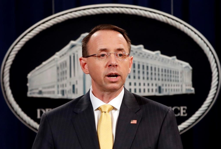 Deputy Attorney General Rod Rosenstein, speaks to the media with an announcement that the office of special counsel Robert Mueller says a grand jury has charged 13 Russian nationals and several Russian entities, Friday, Feb. 16, 2018, in Washington. AP