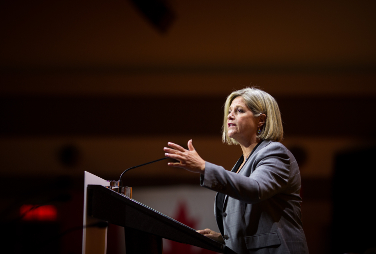 Andrea Horwath speaks to delegates at the national NDP convention in Ottawa on Feb. 17, 2018. Photo by Alex Tétreault
