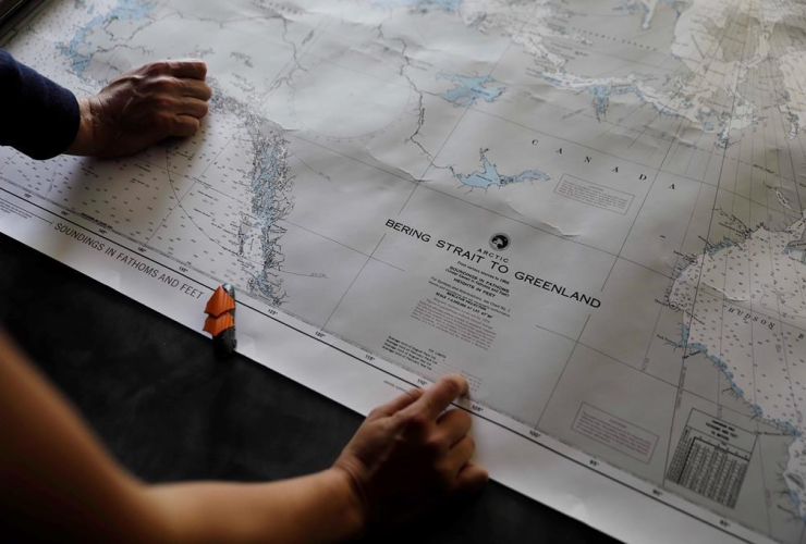 Researchers, map, Finnish icebreaker, MSV Nordica, North Pacific Ocean, Bering Strait, 