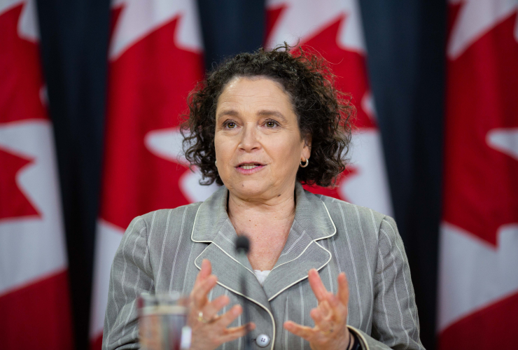 Environment and Sustainable Development Commissioner Julie Gelfand speaks to reporters after her spring audits were tabled in the House of Commons on April 24, 2018. Photo by Alex Tétreault