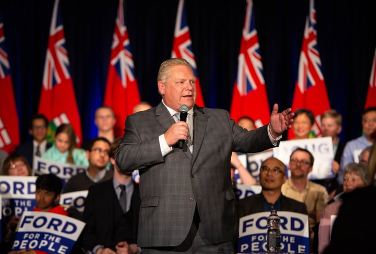 Doug Ford speaks to supporters at a "Rally for a better Ontario" in Nepean, Ont. on April 16, 2018. Photo by Alex Tétreault