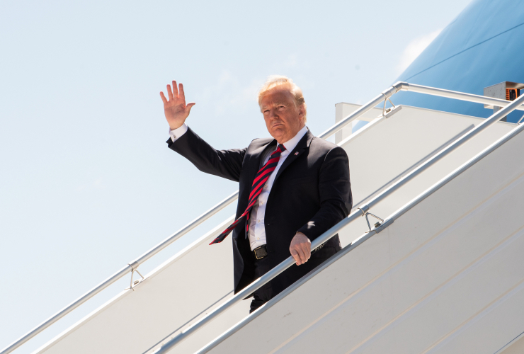 U.S. President Donald Trump arrives in Canada on June 8, 2018 for G7 meetings. Photo by Fabien Durand