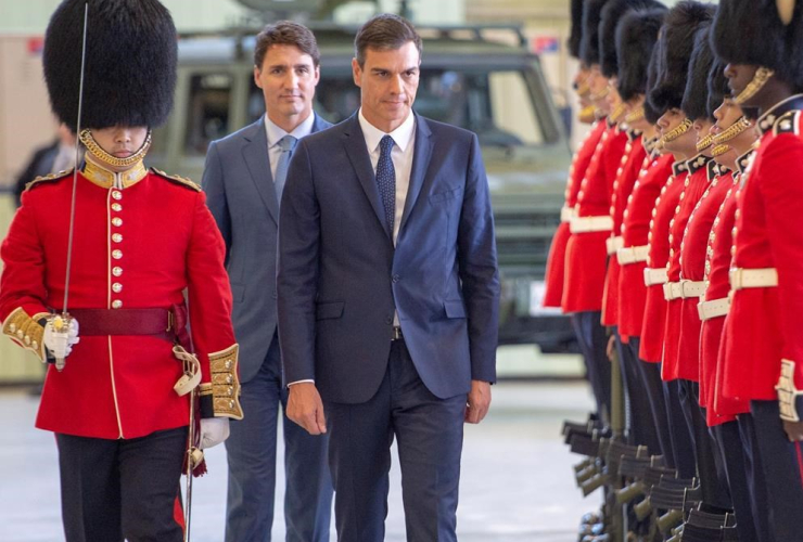 Prime Minister of Spain Pedro Sanchez, Canadian Prime Minister Justin Trudeau, honour guard, Royal Canadian Hussars Armoury,