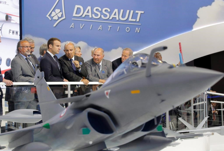 French President Emmanuel Macron, Dassault Aviation CEO Eric Trappier, Paris Air Show, Le Bourget, 