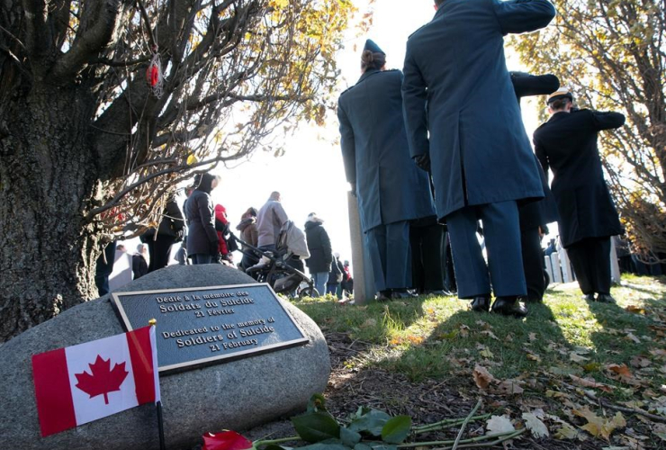 Canadian Military personnel, salute, plaque, stone, honouring, Canadian Soldiers, suicide, Remembrance Day ceremonies, National Military Cemetery,