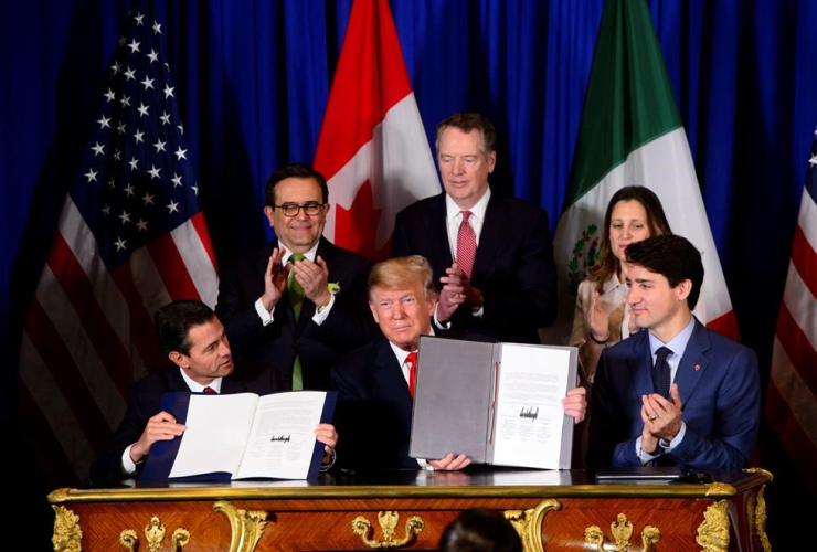 Justin Trudeau, Chrystia Freeland, Robert Lighthizer, Donald Trump, Ildefonso Guajardo Villarreal, Enrique Pena Nieto, signing ceremony, NAFTA, Buenos Aires, Argentina, 