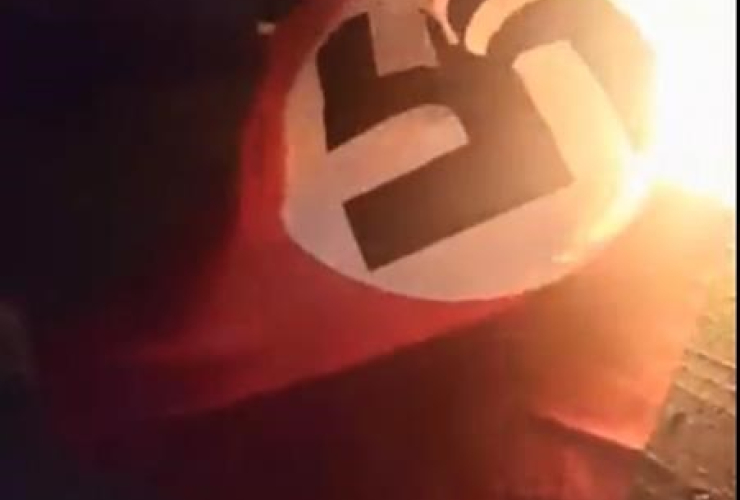 person, Nazi Party flag, set on fire,