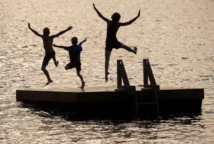 Kids, jump, floating dock, Pigeon Lake, Bobcaygeon, 