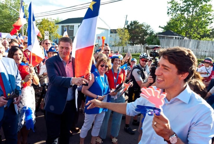 Justin Trudeau, Andrew Scheer, Tintamarre, National Acadian Day, World Acadian Congress, Dieppe, N.B., on Aug. 15, 2019. 