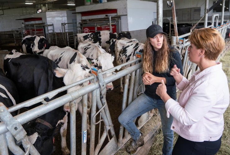 Marie-Claude Bibeau, Minister of Agriculture and Agri-Food, farm owner Veronica Enright, dairy farm, Compton, 