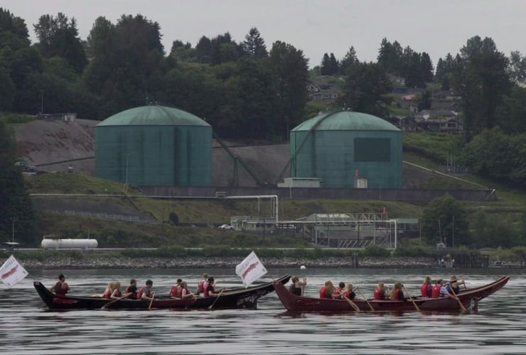 Canoeists, first nation canoes, Kinder Morgan facility, Burrard Inlet,