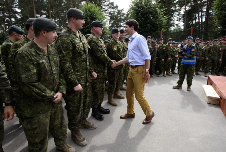 Prime Minister Justin Trudeau, shakes hands, Canadian troops, Adazi Military Base, Kadaga, Latvia, 