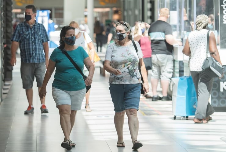 People, face masks, shopping mall, Montreal, 