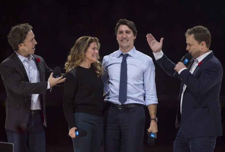 Craig and Marc Kielburger, Prime Minister Justin Trudeau, Sophie Gregoire-Trudeau,