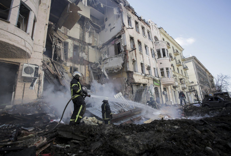 Firefighters, Russian rocket attack, Kharkiv, Ukraine, 