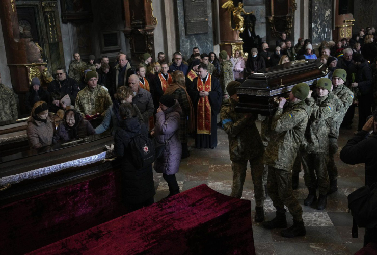Ukrainian soldiers, coffin, Ukrainian military servicemen, airstrike, Yarokiv, funeral ceremony, Lviv, Ukraine,