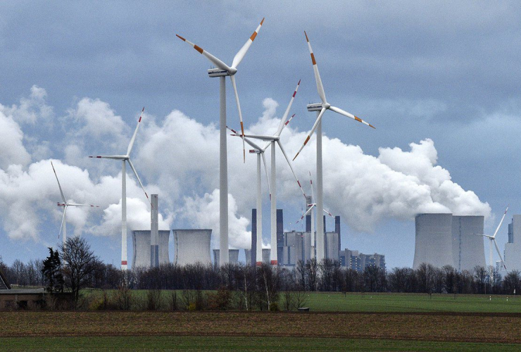 Renewable energy, fossil-fuel energy, wind generators, coal fired power plant, Jackerath, Germany,