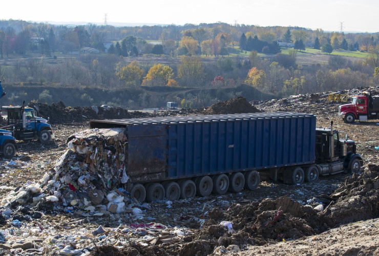 truck, drops, garbage, South Kent Landfill, Byron Township, Mich., 