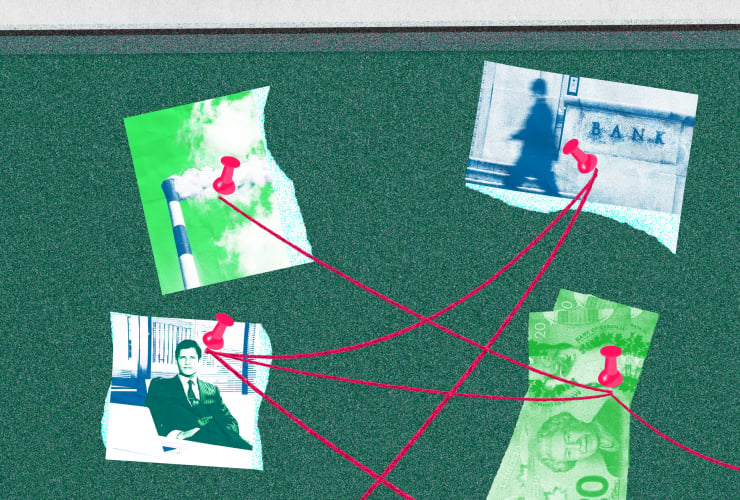 Images of smokestacks, cash, a business executive, and banks pinned to a green background, connected by red string to show their connnections