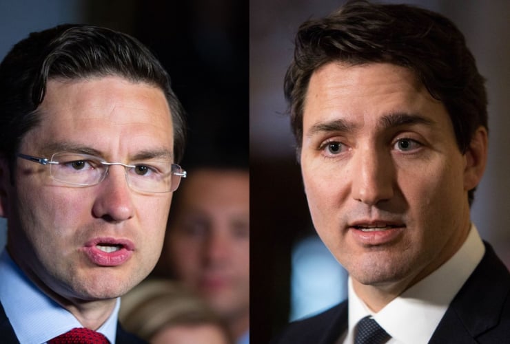 Headshot of Pierre Poilievre on left and headshot of Justin Trudeau on the right