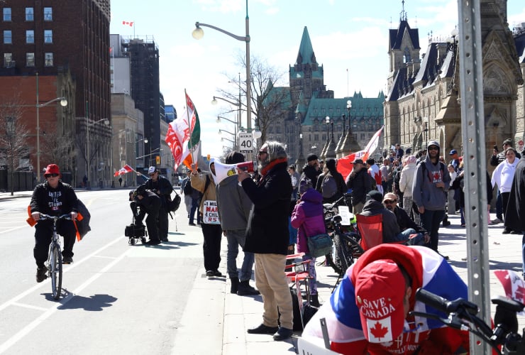 A protest takes place at Parliament Hill in Ottawa, Ont. on April 1 2024.