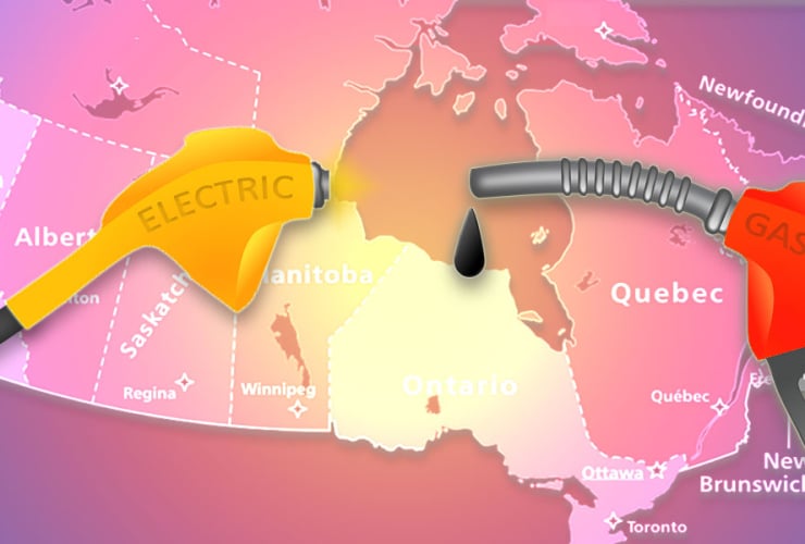 Graphic showing map of Canada with electric car charger and gas pump