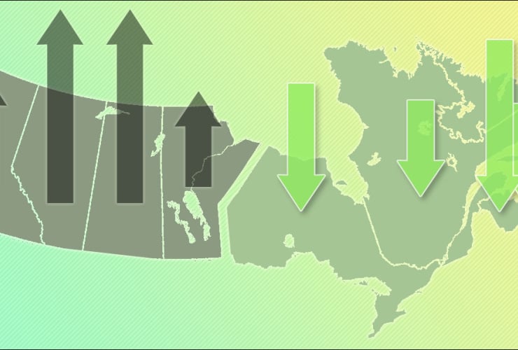Map of Canada illustrating west vs east climate action divide 
