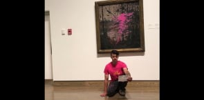 On2Ottawa - Tom Thompson painting Northern River smeared with pink paint